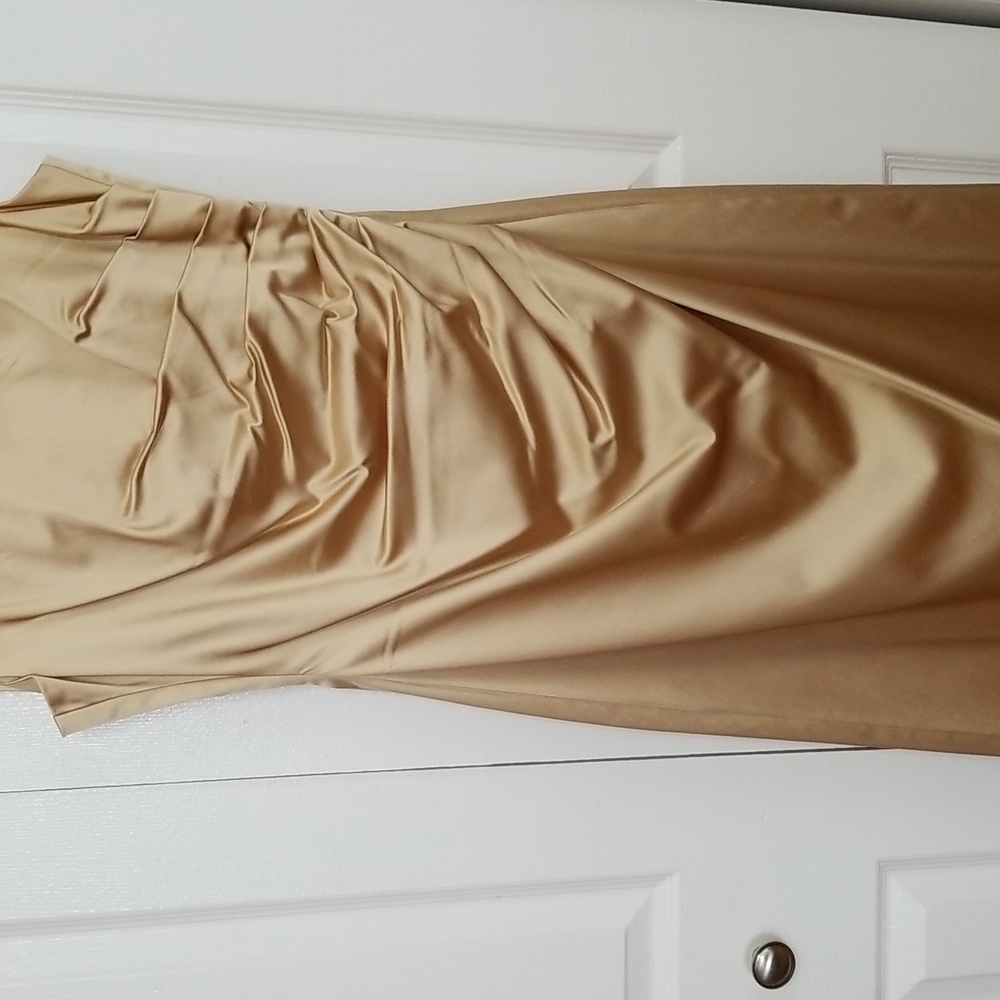 Adrianna Papell gold mother of groom/bride wedding guest evening dress